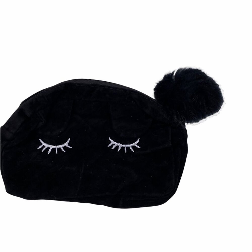 Black Velvet‎ Cosmetic Pouch With Embroidered Eyelash Design & Fluffy Pom Pom